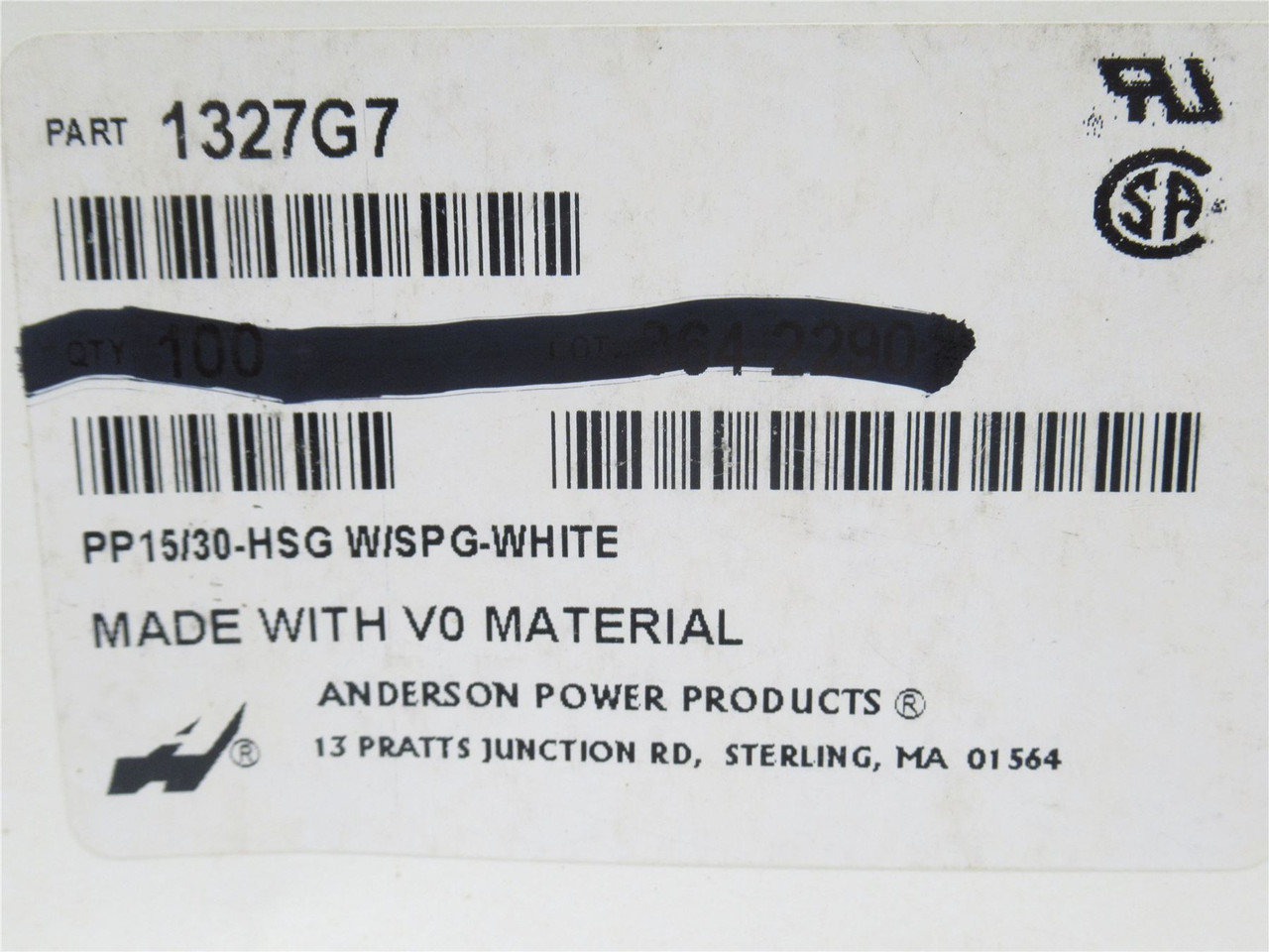 Anderson 1327G7; Lot-10 Connector Housing; White; 1 Position