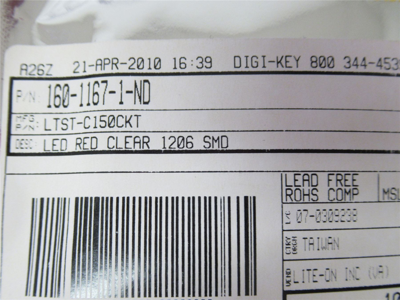 Lite-On Inc LTST-C150CKT; Lot-100 LED RED Clear 1206 SMD