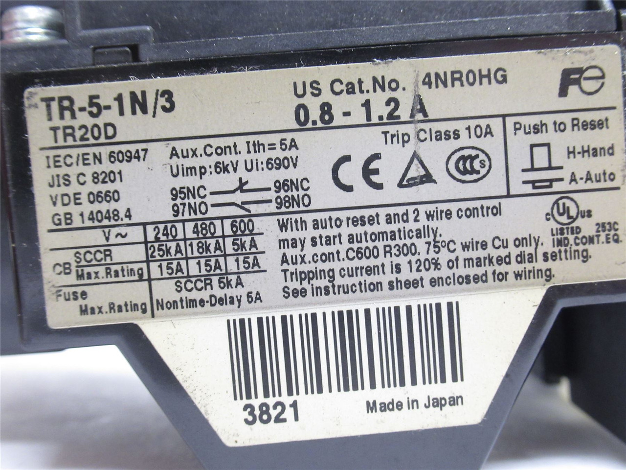 Fuji TR-5-1N/3; Thermal Overload Relay; 0.8-1.2A; 600VAC