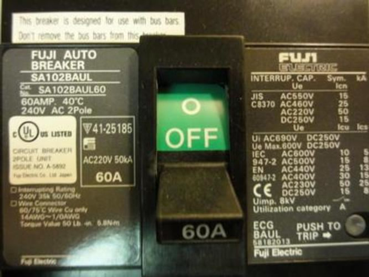 Fuji Electric SA102BAUL; Auto Breaker 2-Pole; 60A; 240VAC