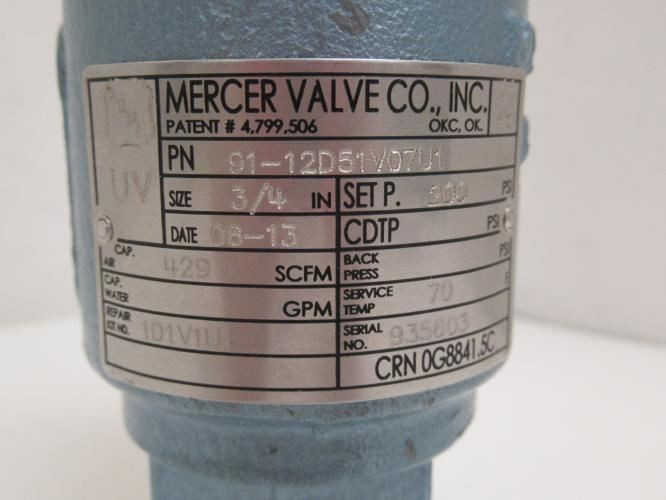 Mercer Valve 12D51V07U1; Safety Valve; Ser: 9100; 3/4 x 1Npt