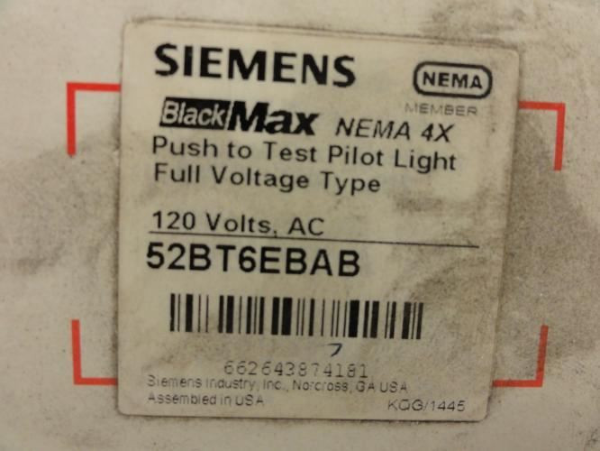 Siemens 52BT6EBAB; Pilot Light; Push To Test; 120VAC; 30mm