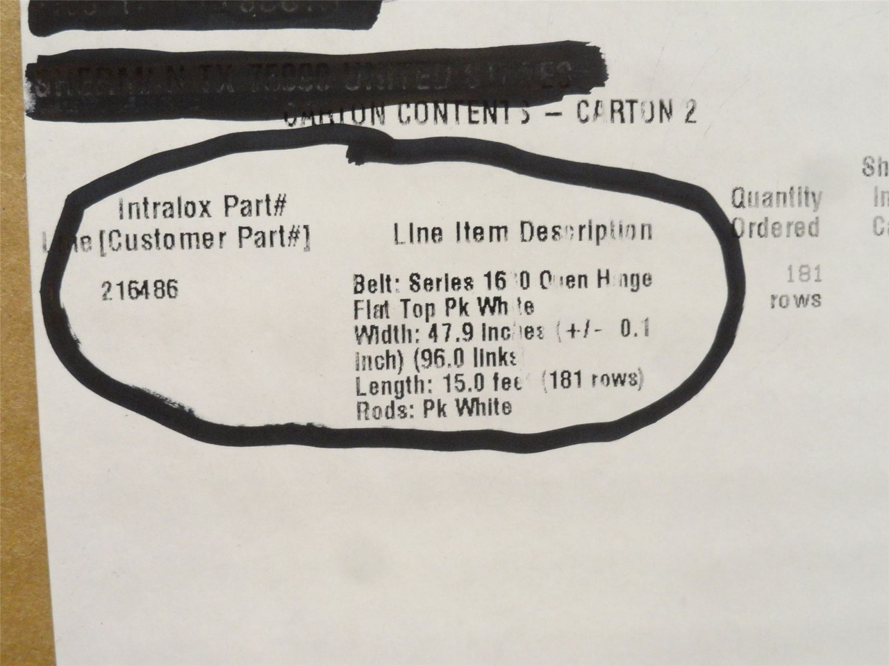 Intralox 216486-15'; Flat Top Conveyor Belt 48"W x 15'L-total