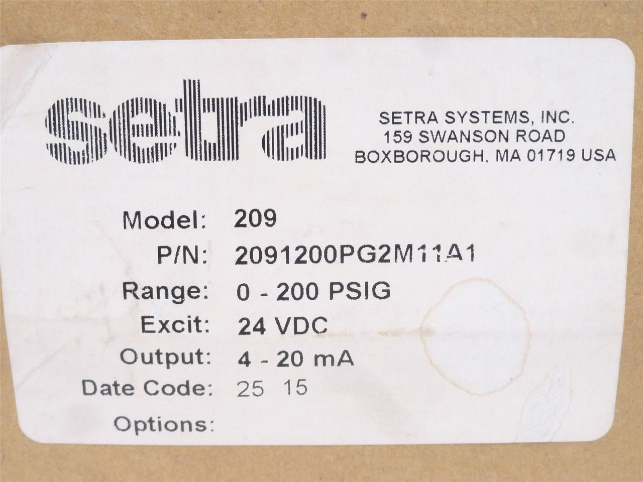 Setra 2091200PG2M11A1; Gauge Pressure Transducer; 0-200PSI