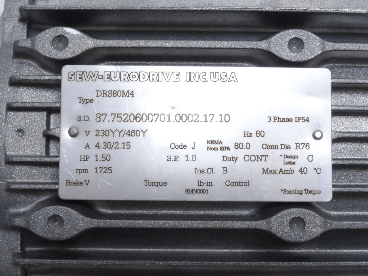 SEW 5436543; Stator Core DR80M4; 1-1/2HP; 230/460V