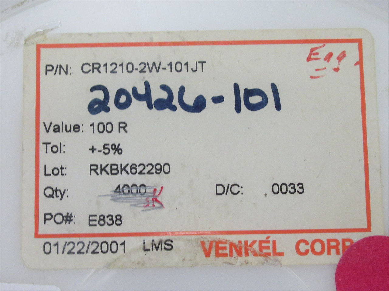 Venkel CR1210-2W-101JT; Lot-3600 Chip Resistor; 100ohm