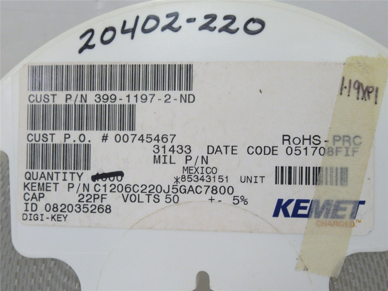 Kemet C1206C220J5GAC7800; Lot-3800 Ceramic Capacitor  22pF