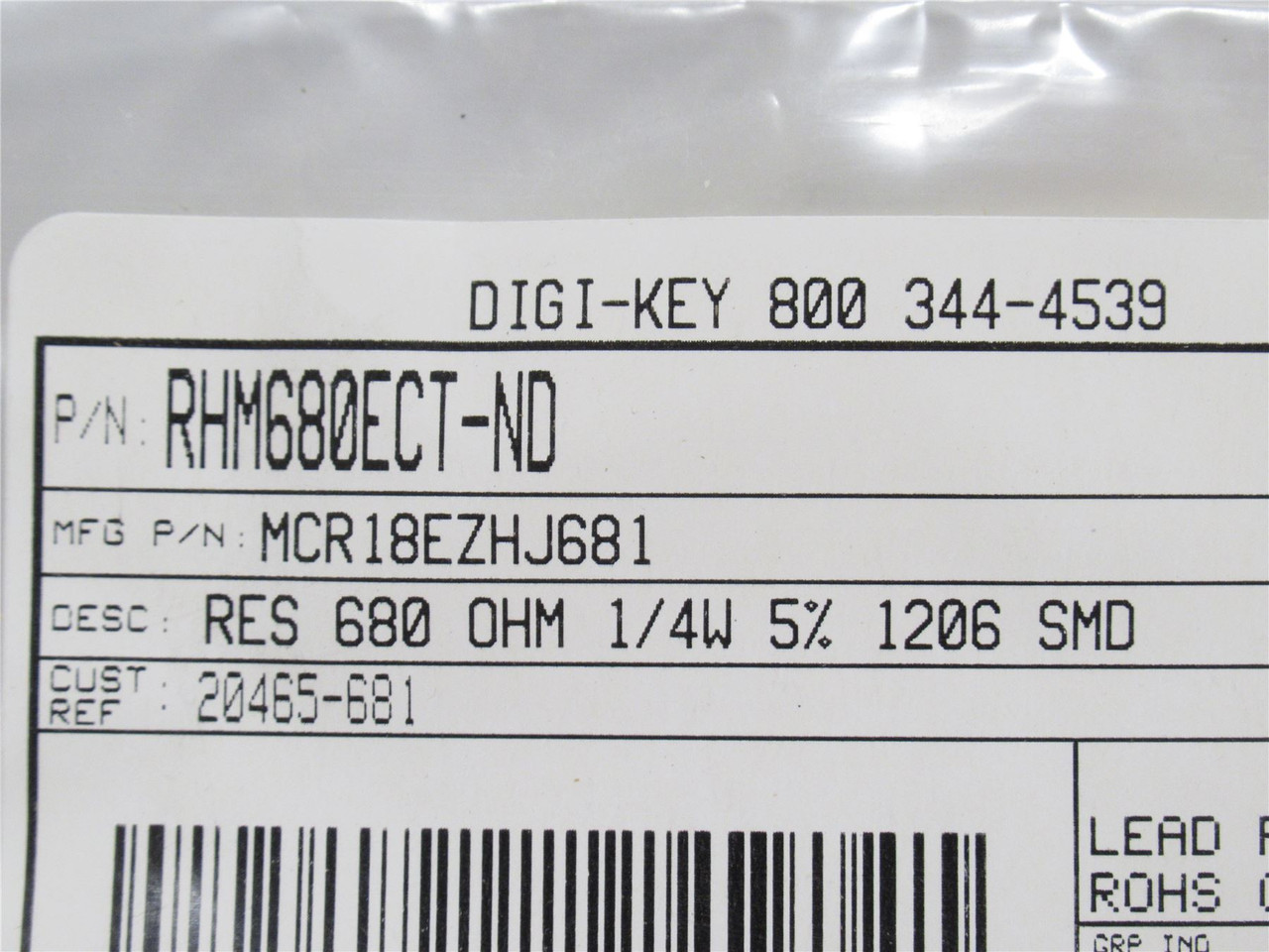 Rohm Semiconductor MCR18EZHJ681; Lot-48 Resistors 680 Ohms