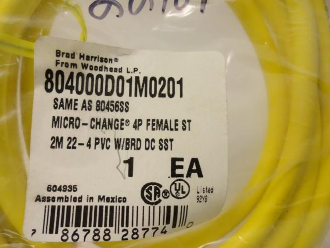 Woodhead 804000D01M0201; Cordset 4P Female Straight; 2M; 22-4