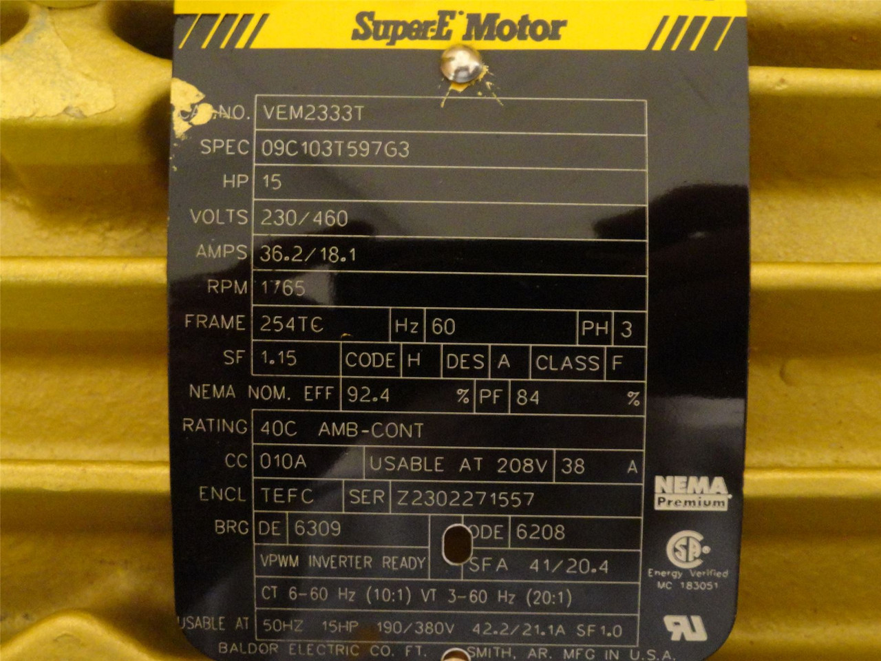 Baldor VEM2333T; AC Motor; 15HP; 230/460V; 1765RPM; 3PH; 60HZ