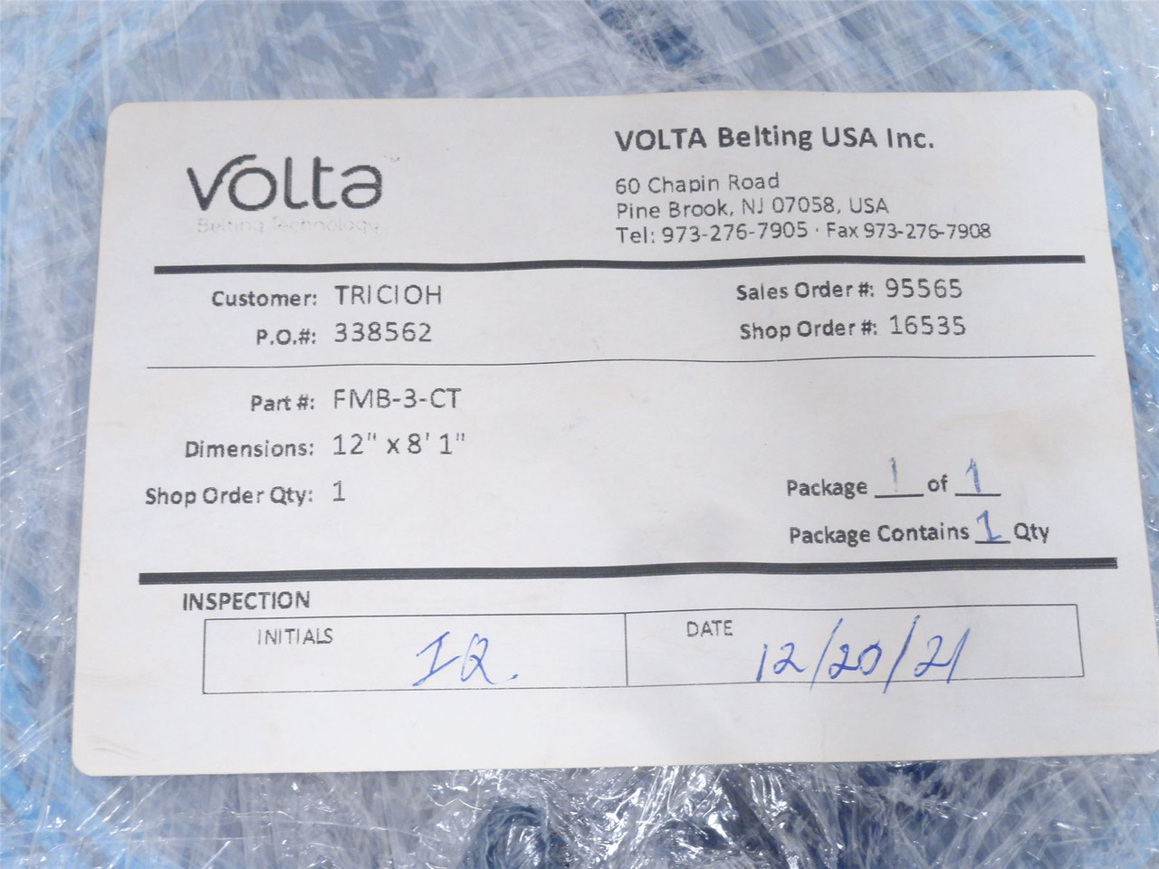 Volta FMB-3-CT; Rubber Conveyor Belt; 12" Wide x 8'1" Long