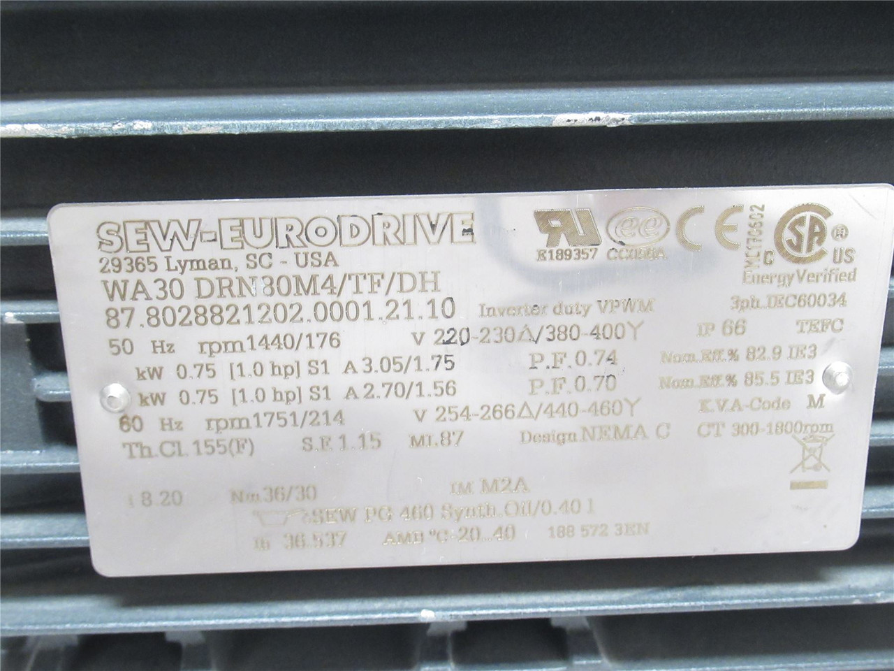 SEW WA30DRN80M4/TF/DH; AC Gearmotor 8.2:1 Ratio; 380-400V; 3PH