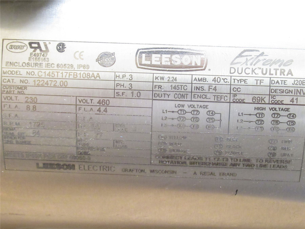 Leeson C145T17FB108AA; AC Motor 3HP 230/460V 1800RPM 122472.00