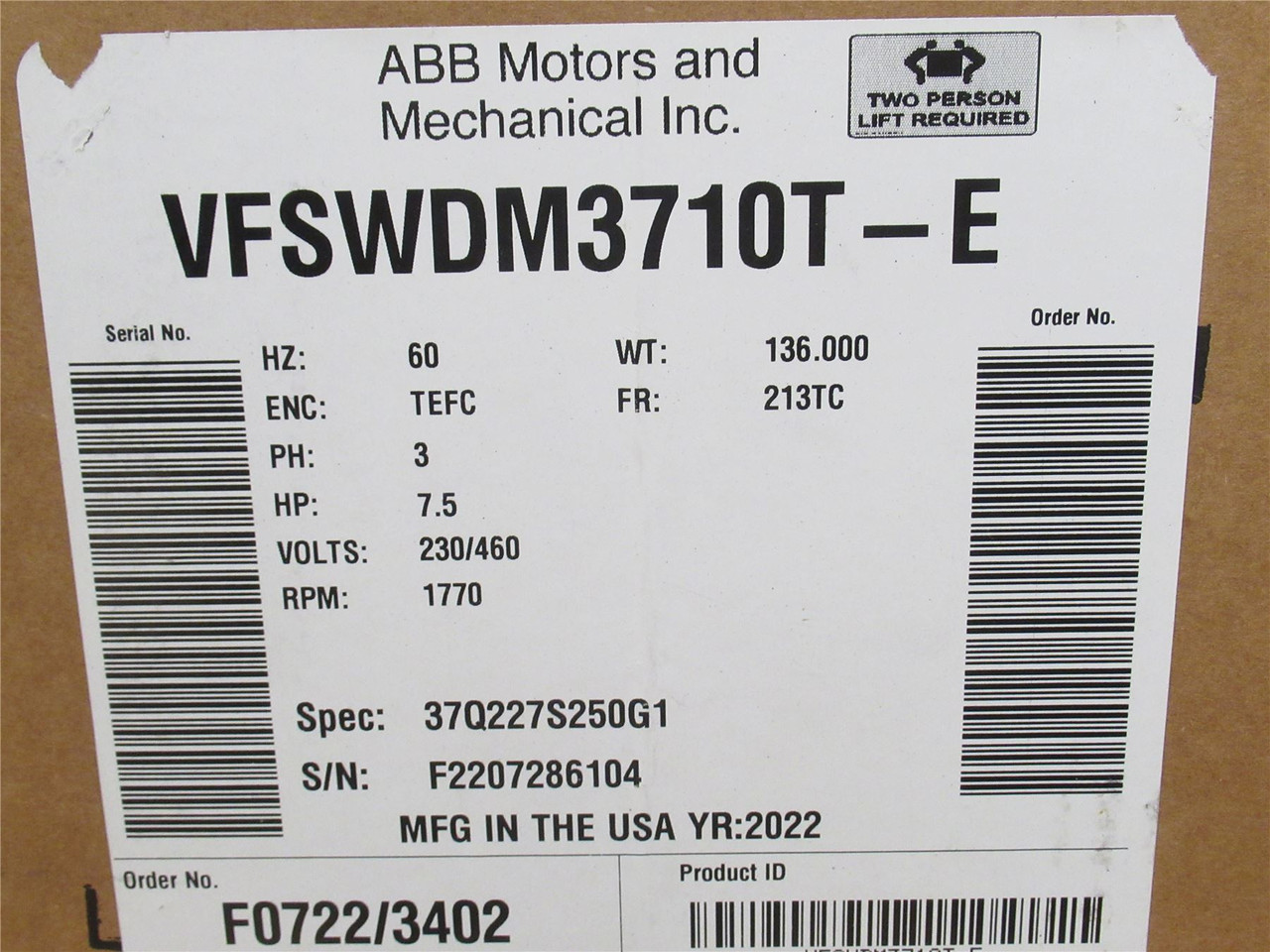 Baldor VFSWDM3710T-E; AC Motor SS; 7-1/2HP; 230/460V; 1770RPM