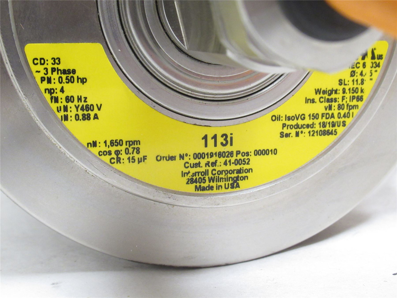 Interroll 113i-410052; Drum Motor 4.5"OD x 11.8" Wide 80fpm