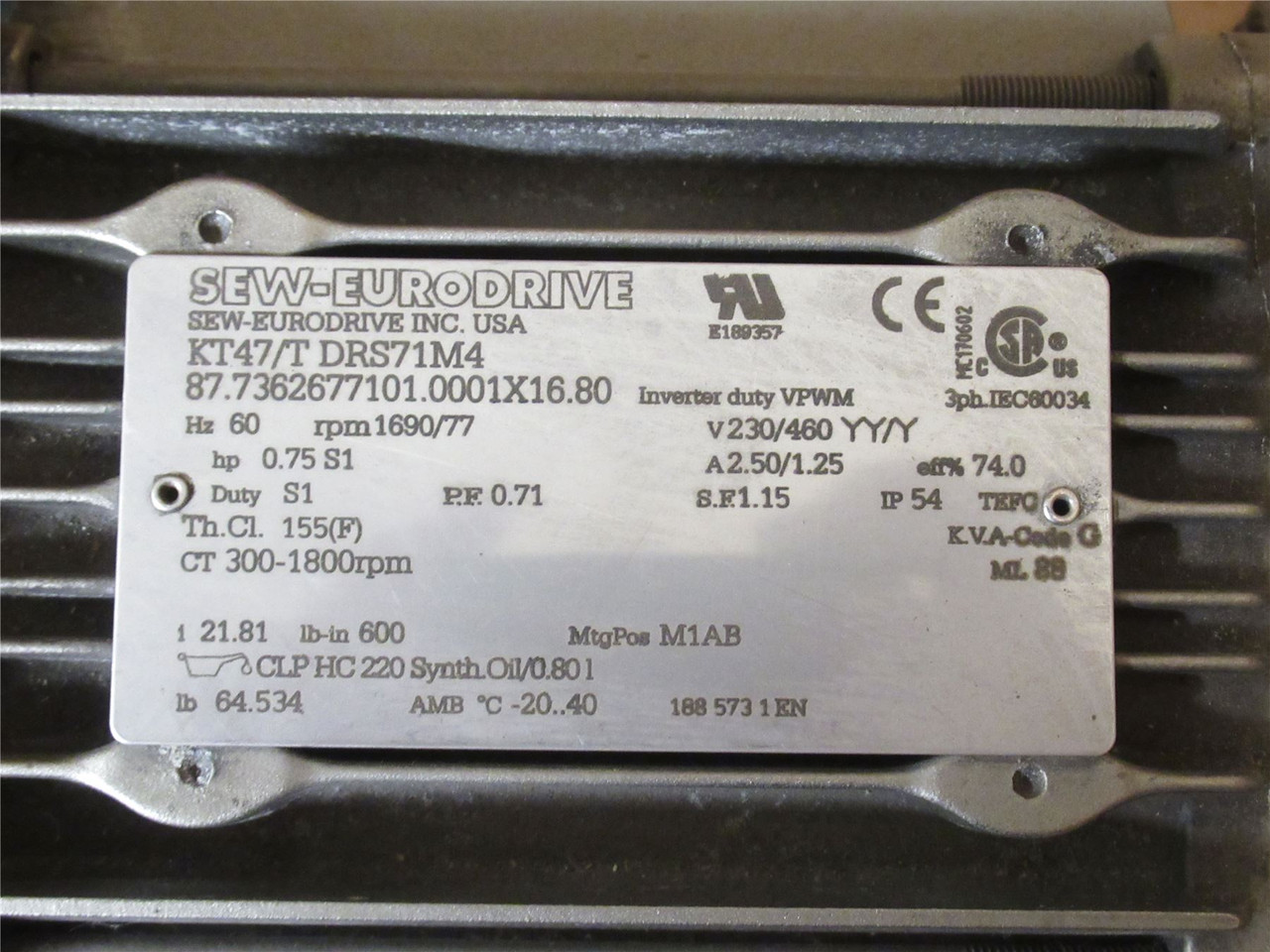 SEW KT47/T DRS71M4; Gearmotor; 21.81:1 Ratio; 3/4HP; 230/460V