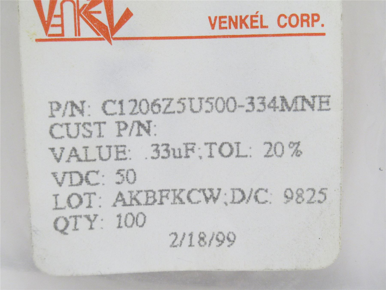 Venkel C1206Z5U500-334MNE; Lot-100 Ceramic Capacitors 0.33uF