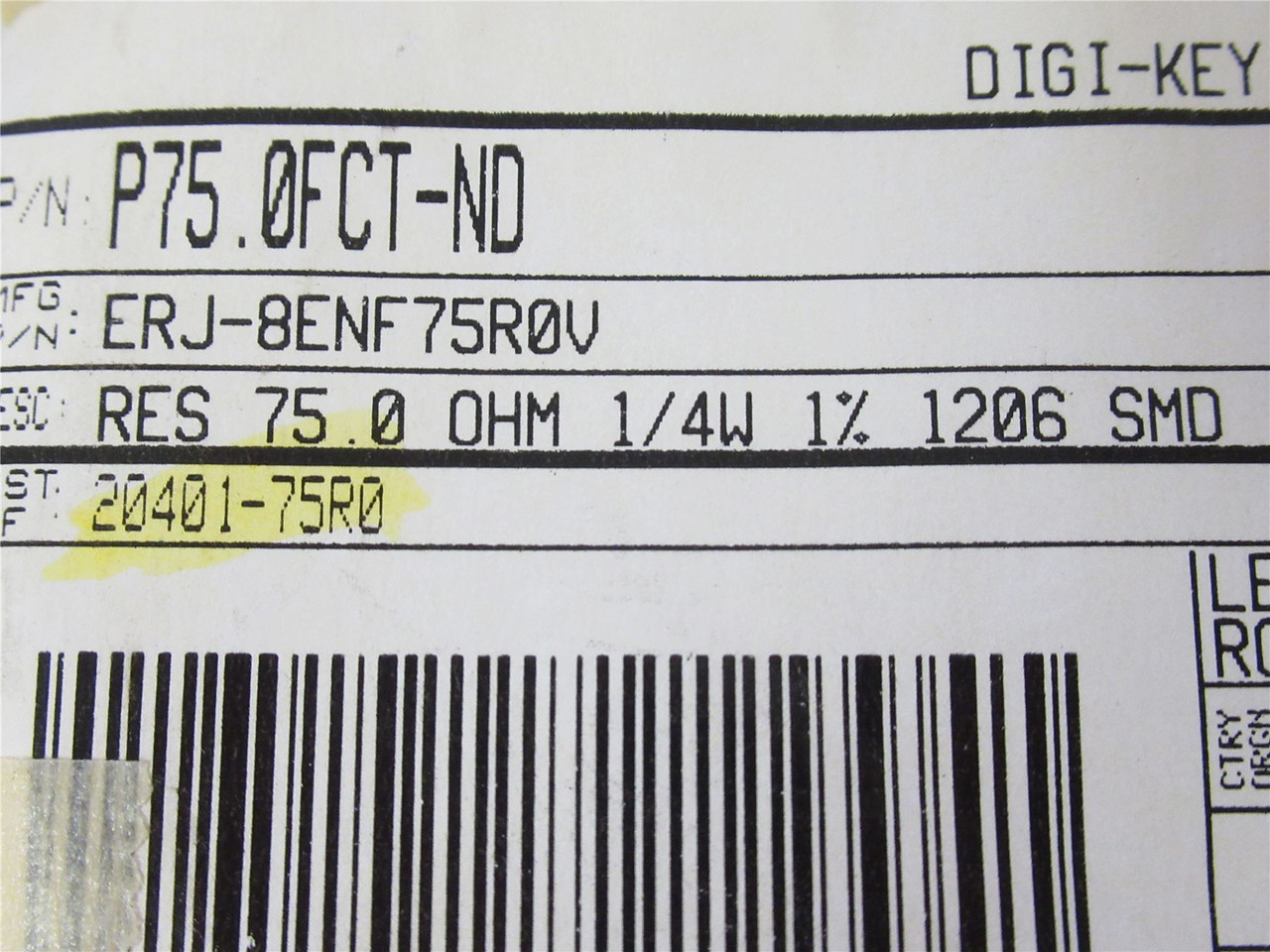 Panasonic ERJ-8ENF75R0V-315; Lot-315 Thick Film Chip Resistor