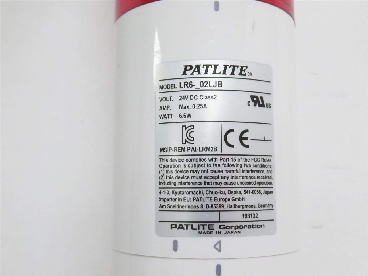 Patlite LR6-102LJBW-R; Stack Light W/Buzzer 24VDC 1 Red Light