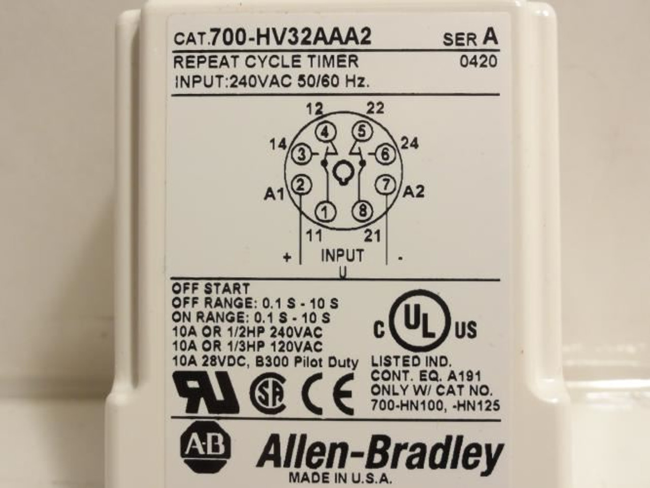 Allen-Bradley 700-HV32AAA2; Timer Relay; 0.1s~10s; 10A; 240VAC