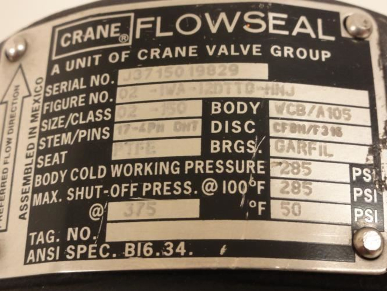 Flowseal 02-1WA-12DTTG-HNJ; Actuated Valve; 285PSI; 2"