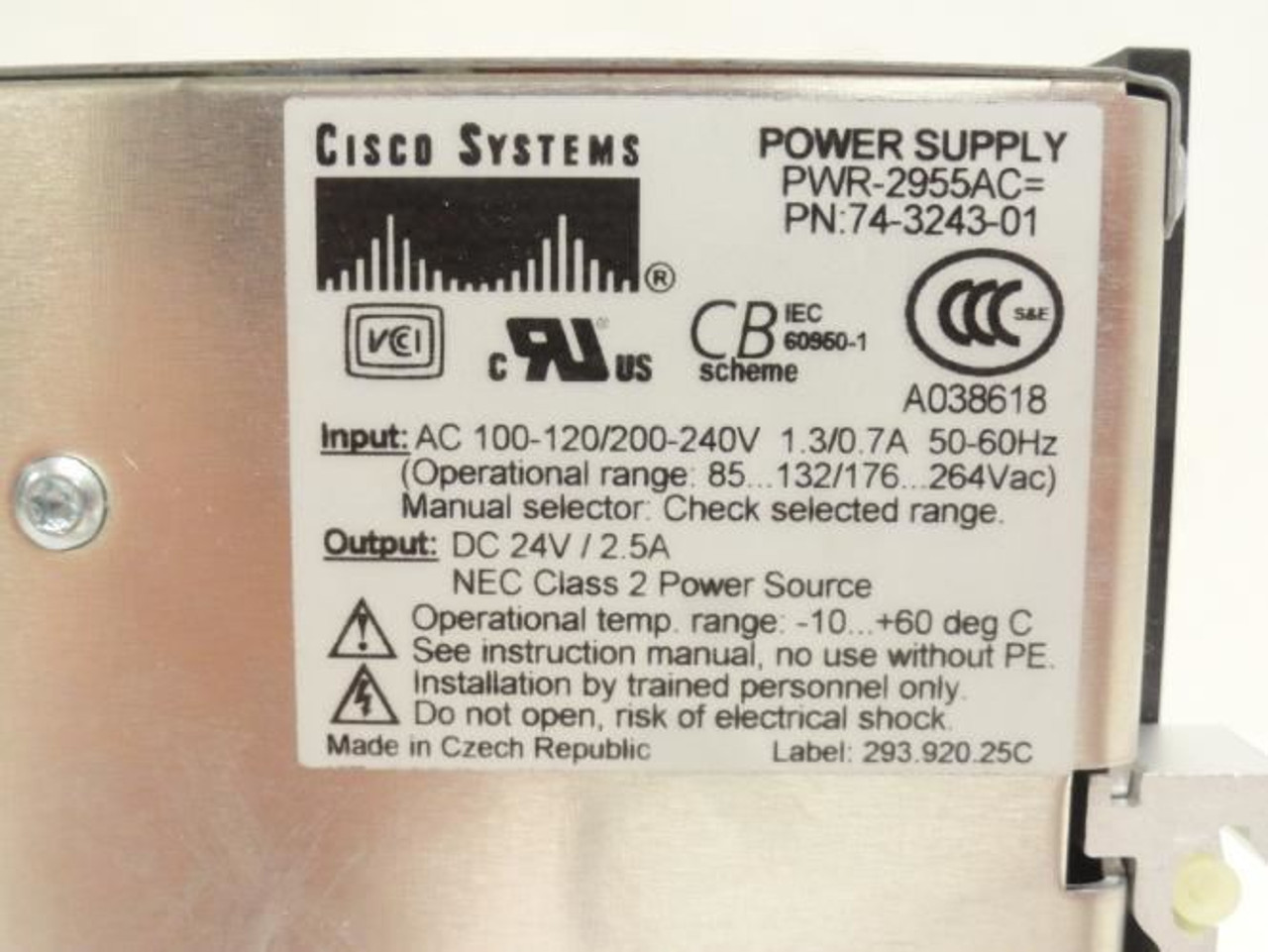 Cisco PWR-2955AC; Power Supply; 100-240VAC; 1.3 / 0.7A In