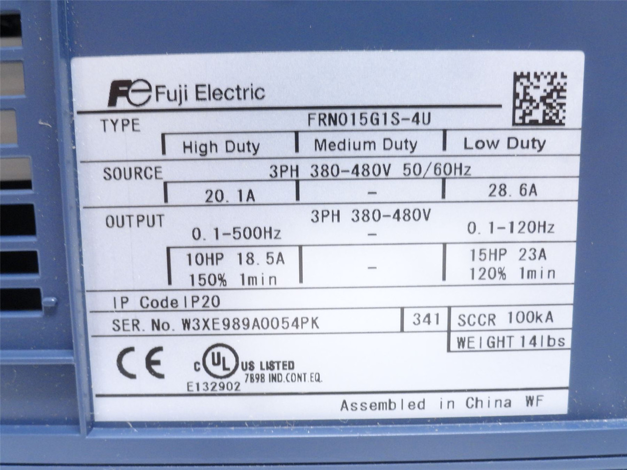 Fuji FRN015G1S-4U; AC Drive 15HP 23A 0.1-120Hz; 380-480V; 3PH