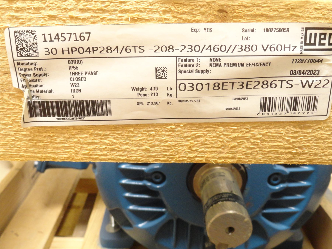 WEG 03018ET3E286TS-W22; AC Motor 30HP 1765RPM 230/460VAC