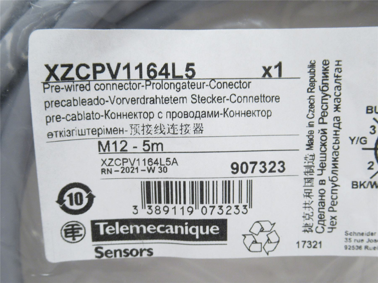 Telemecanique XZCPV1164L5; Pre-Wired Connector M12; 5-Pin; 5M
