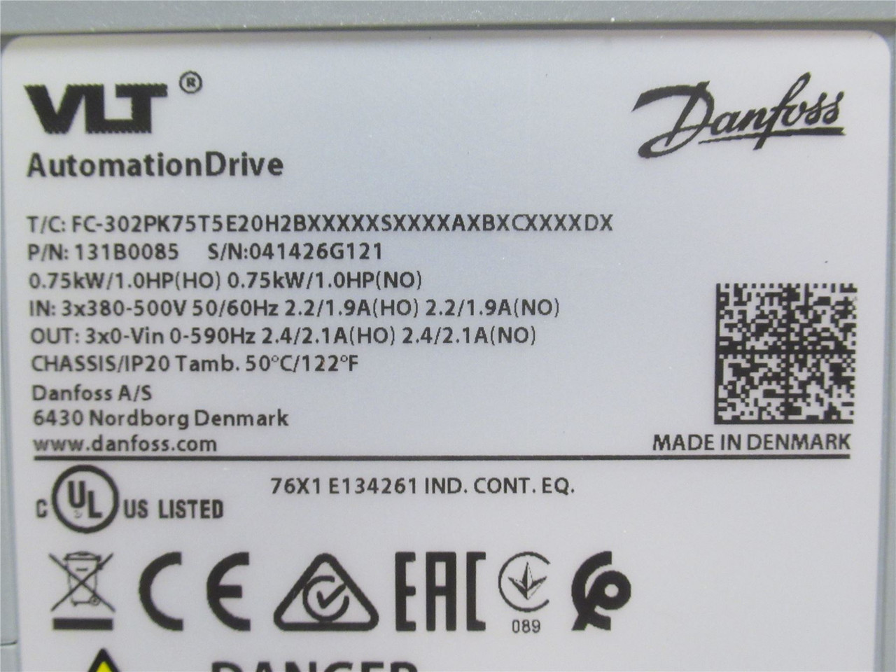 Danfoss 131B0085; AC Drive; 1HP; 380-500VAC In