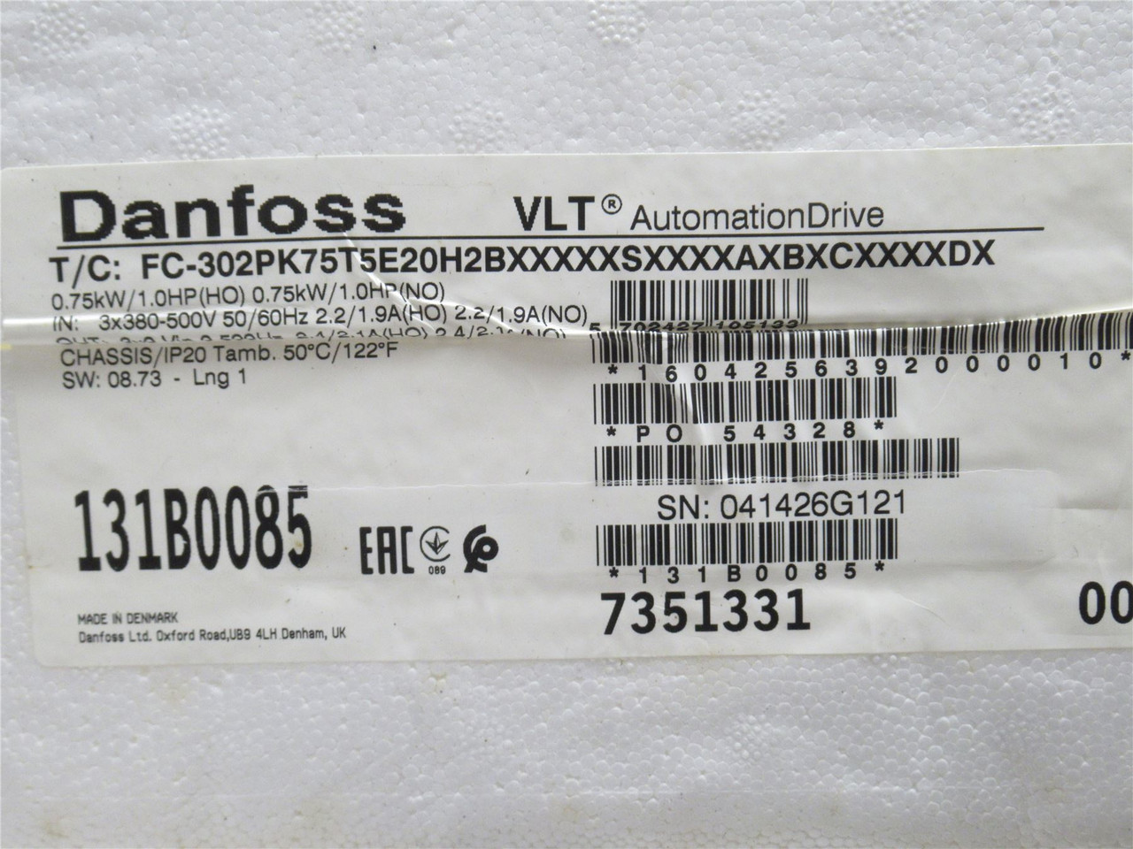 Danfoss 131B0085; AC Drive; 1HP; 380-500VAC In