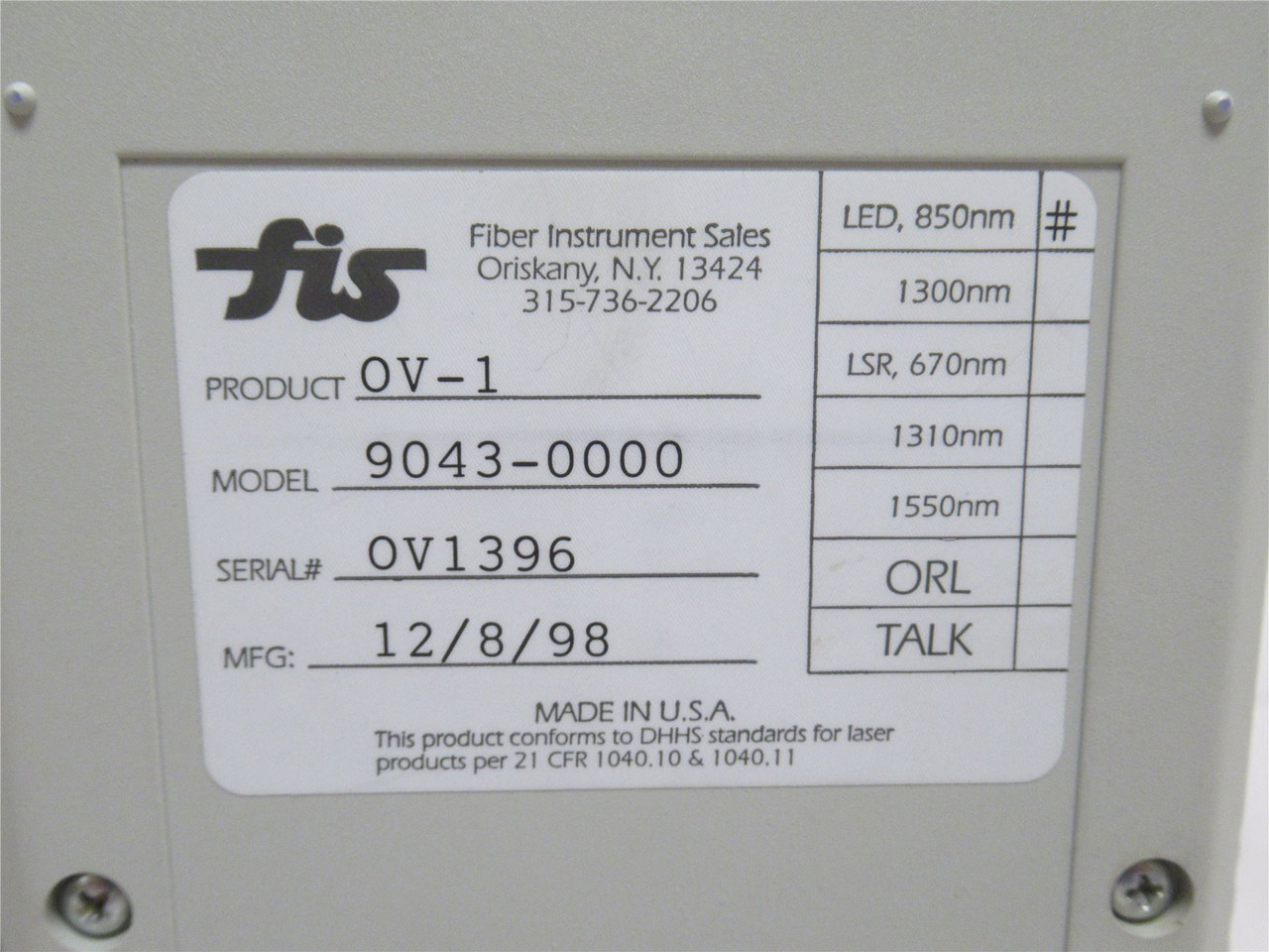 FIS 0V-1; Optical Verifier With Case; No Accessories