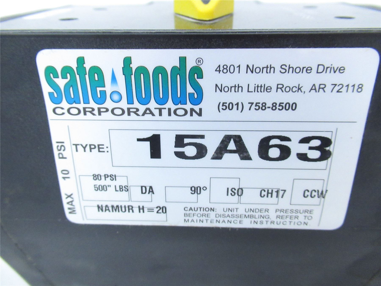 Safe Foods Corp 15A63; Valve Actuator 1.5" 80PSI  500LBS