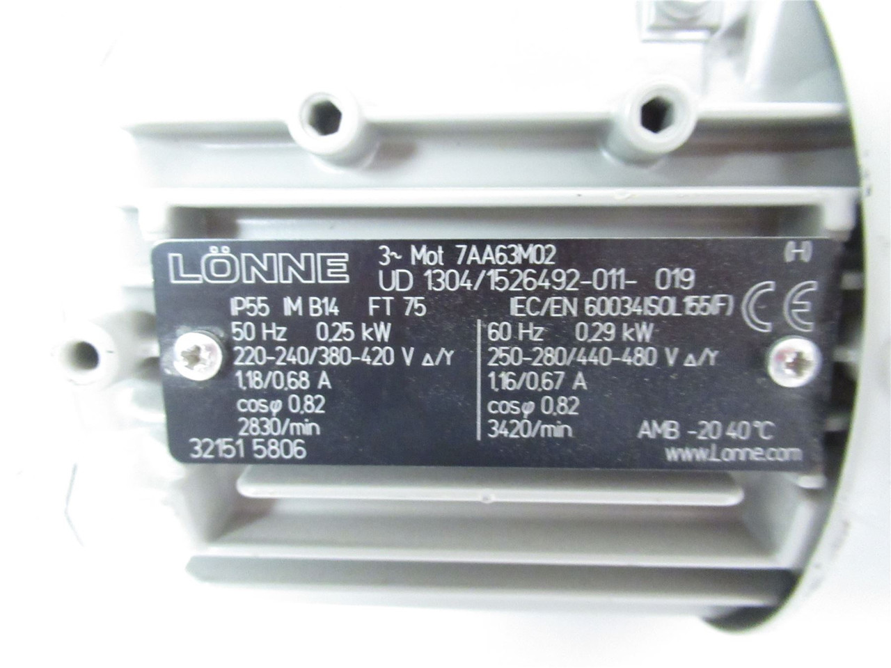Lonne 7AA63M02; Motor .29Kw 240/480VAC 3420RPM