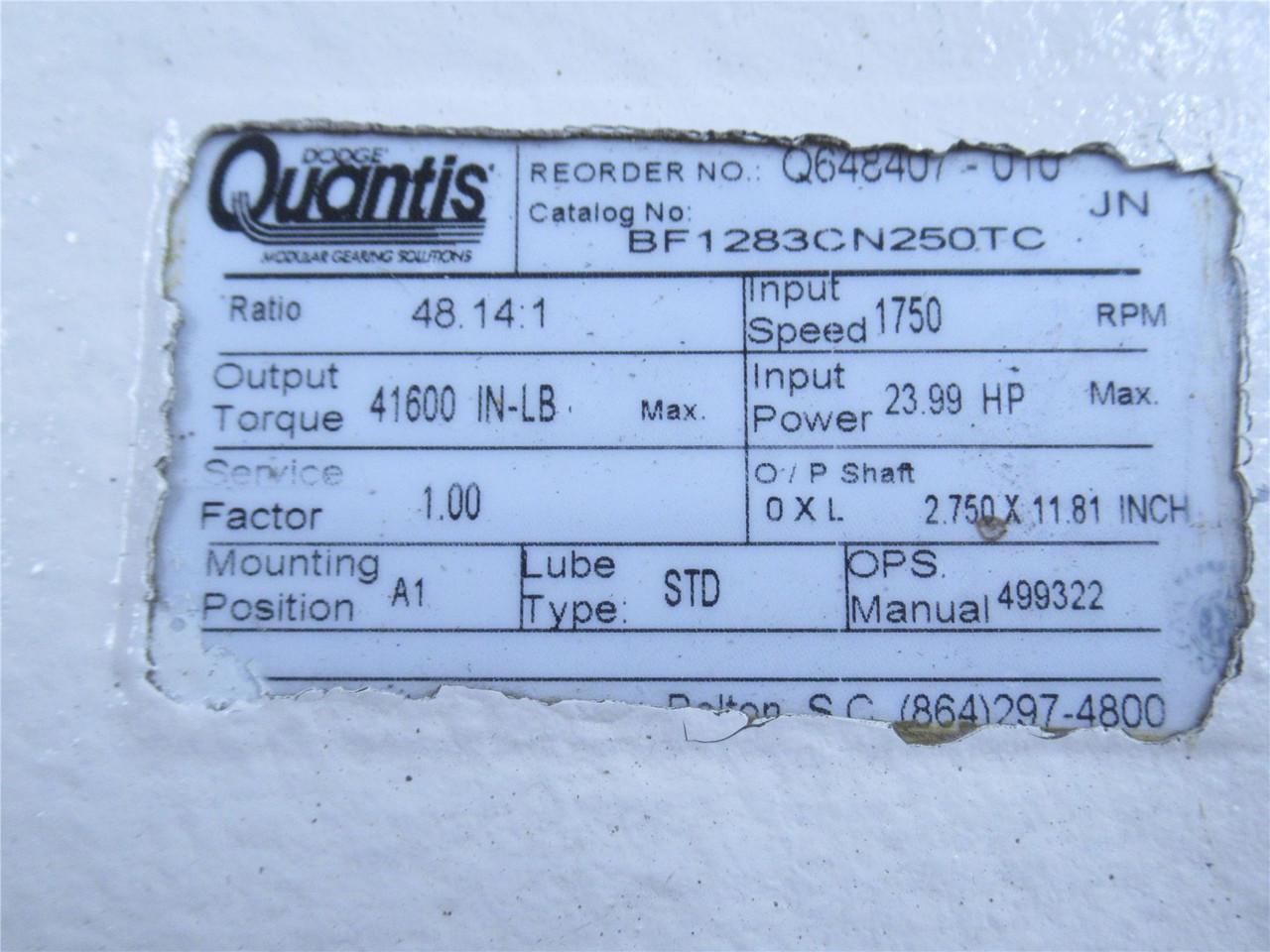 Quantis BF1283CN250TC; Gear Motor; 48.14:1 Ratio; 15HP