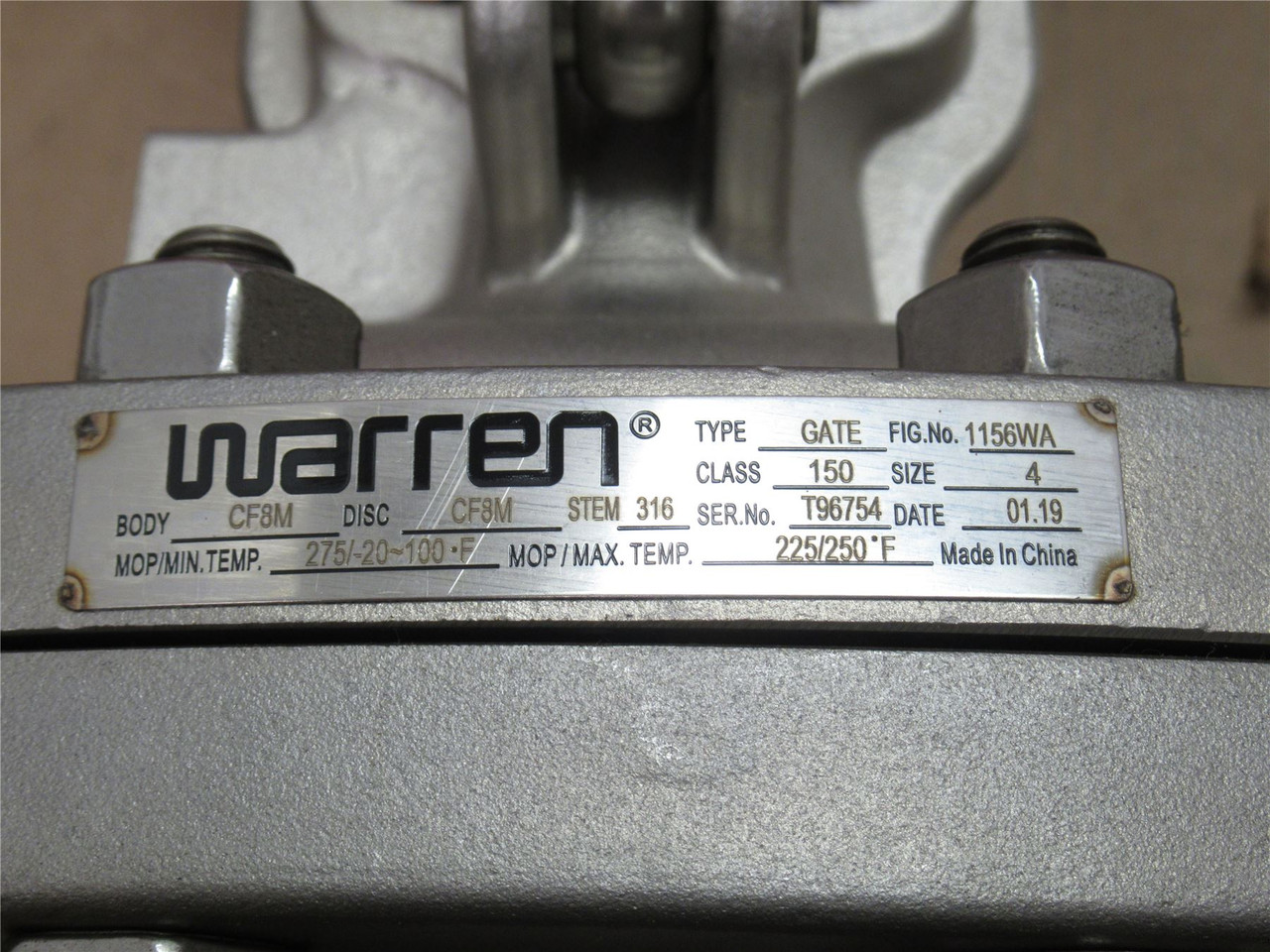 Warren 4-1156WA; Flanged Gate Valve; SS; Size: 4"; Class: 150