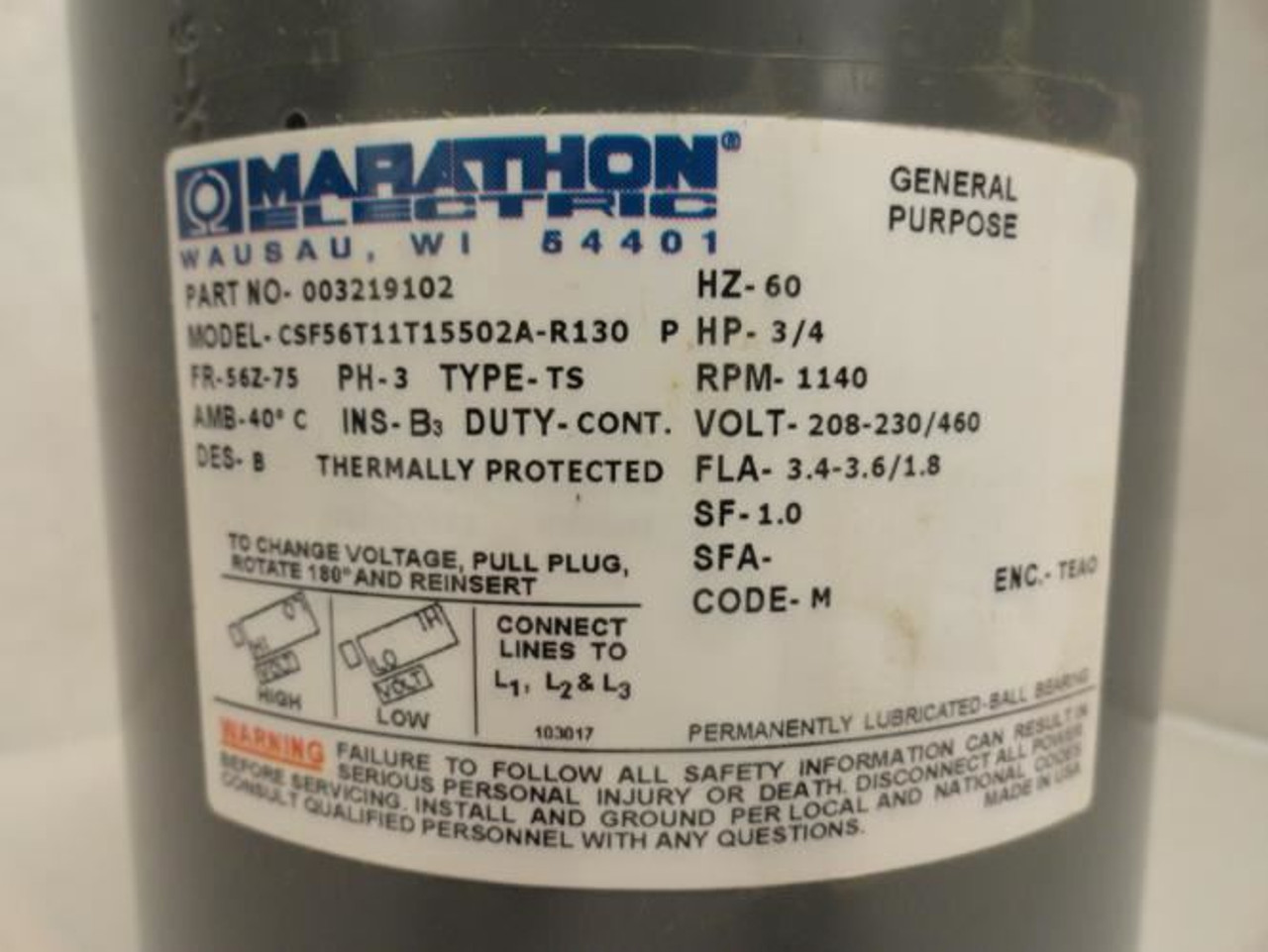Marathon CSF56T11T15502; Motor 3/4Hp; 208-230/460V; 1140RPM