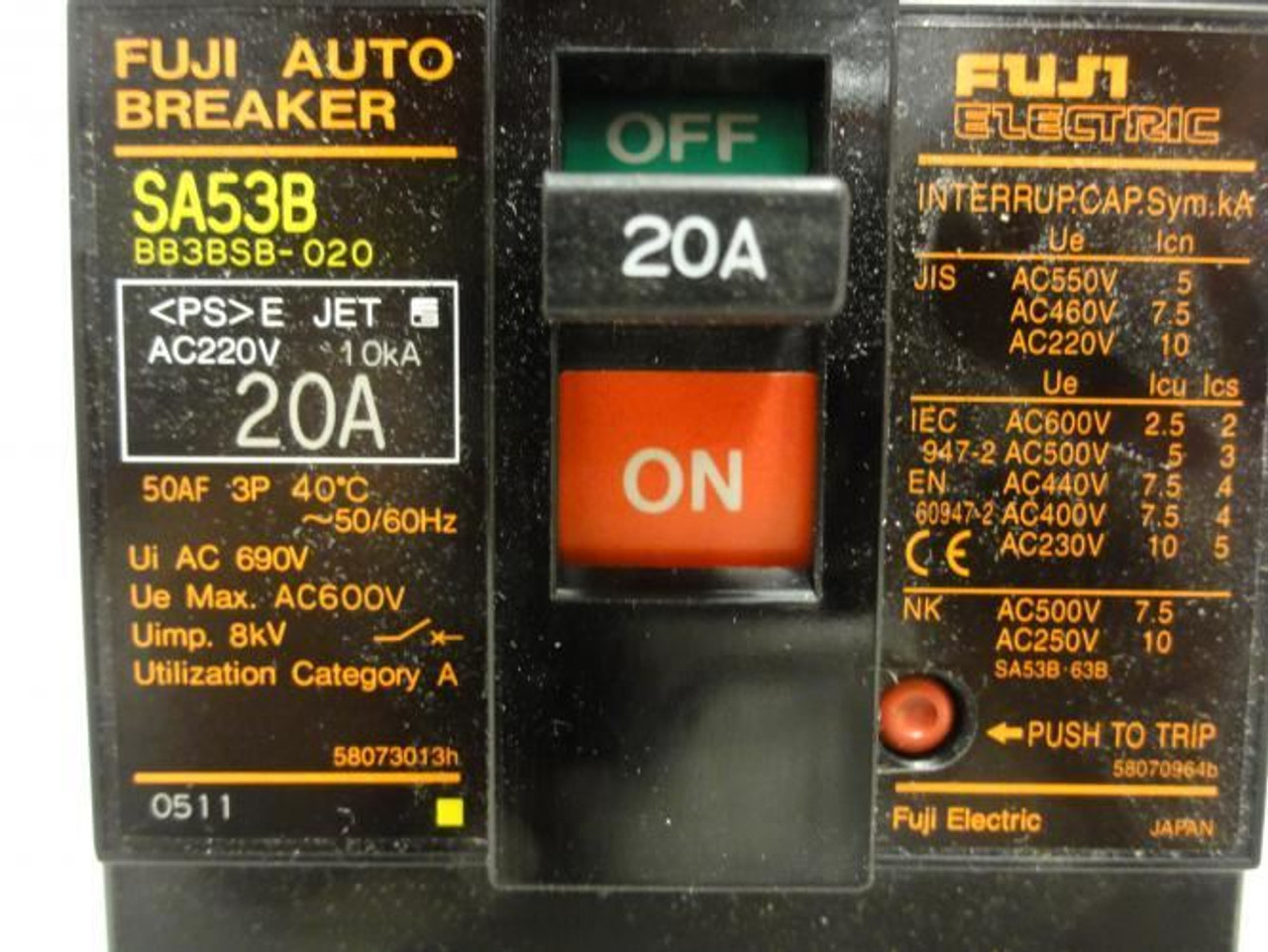 Fuji Electric SA53B20W; Circuit Breaker; 20A; 600V; 3P