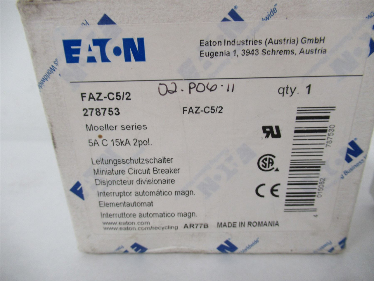 Eaton FAZ-C5/2; Circuit Breaker 5A 480Y/277VAC/96VDC 2-pole