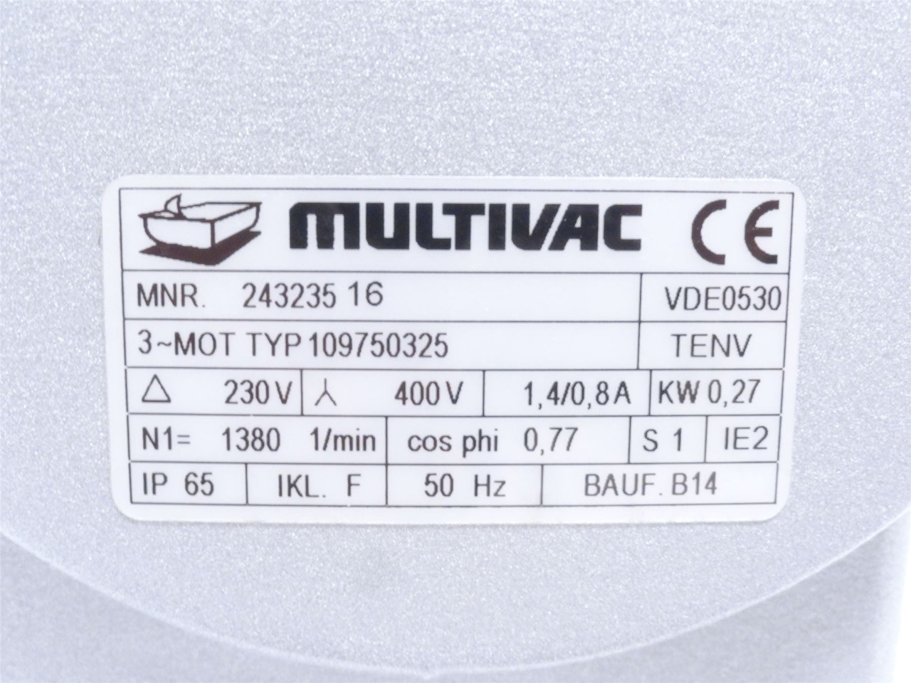 Multivac 109750325; AC Motor; 0.27kW; 230/400V; 1380RPM; 3PH