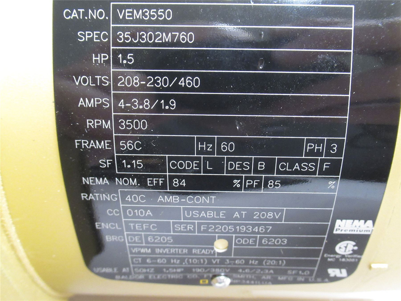 Baldor VEM3550; AC Motor 1-1/2HP; 230/460V; 3500RPM; 3PH; 60Hz