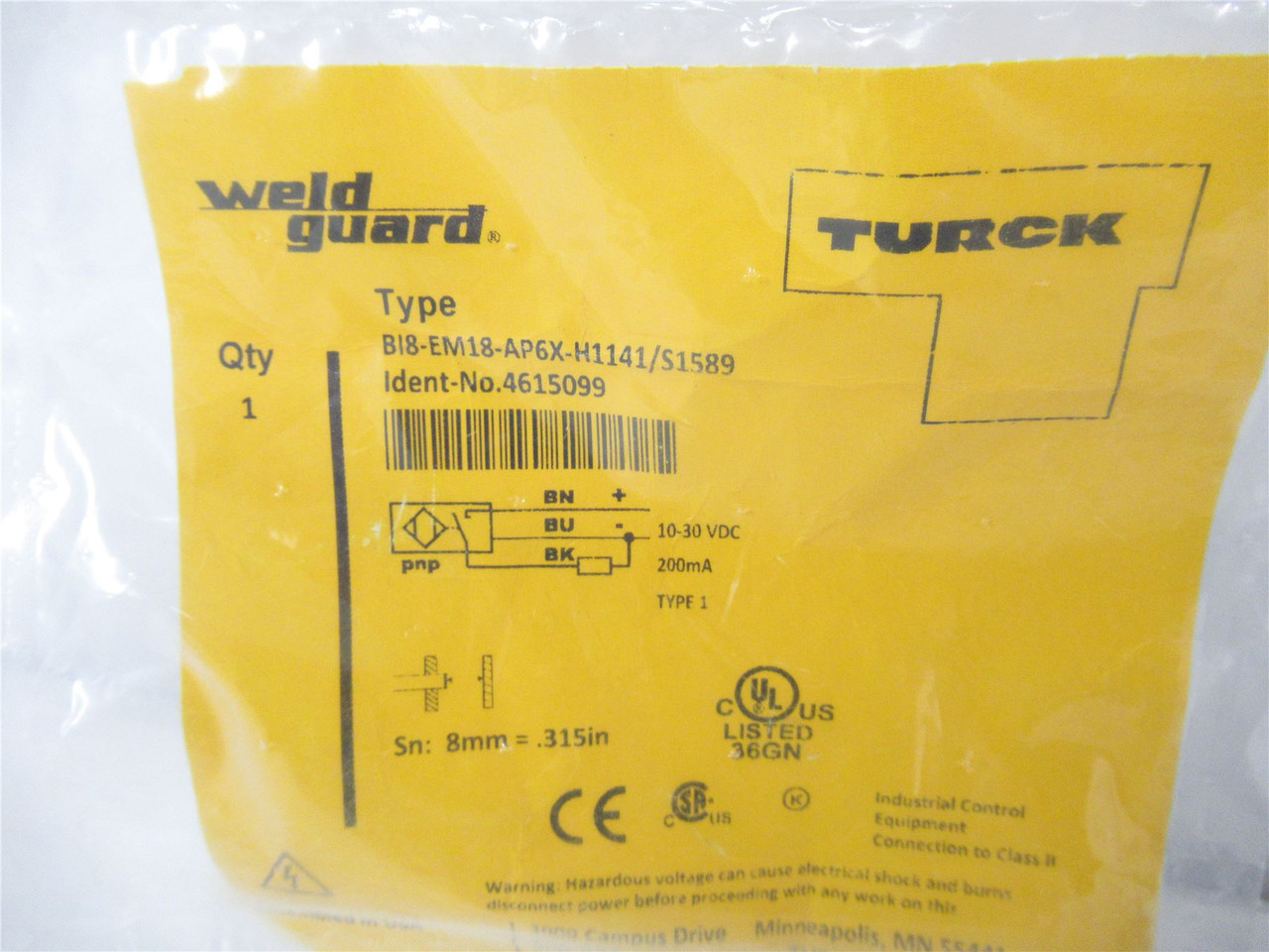Turck BI8-EM18-AP6X-H1141/S1589; Prox Sensor  Induct 8MMRange