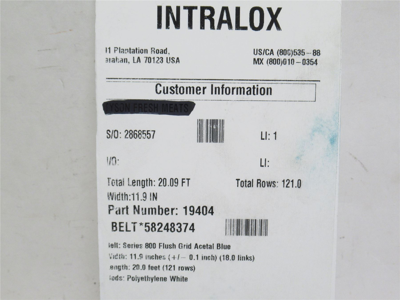 Intralox 1940458248374; Conveyor Belt; 12" Wide x 20' Long