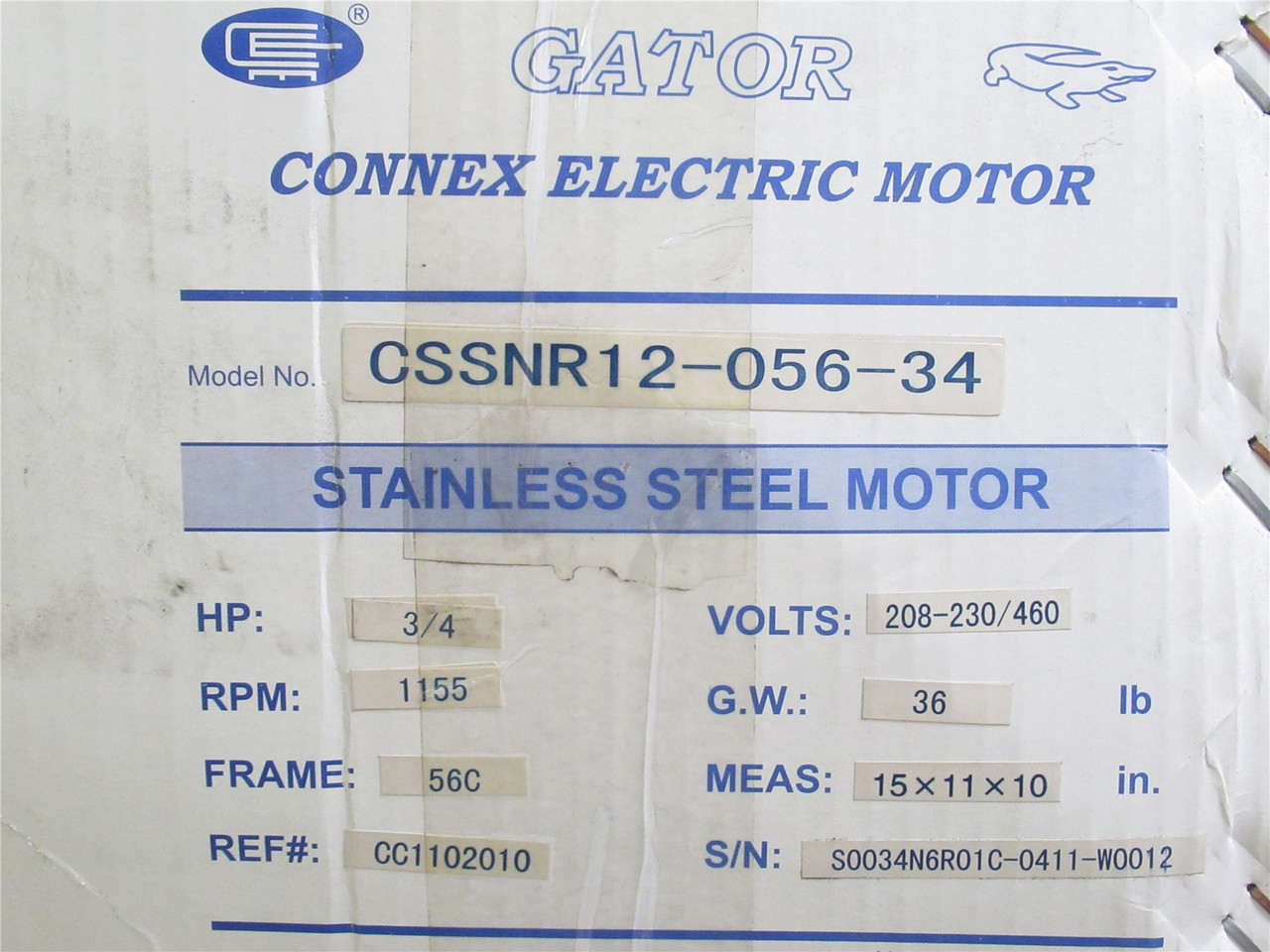 Connex CSSNR12-056-34; AC Motor; SS; 3/4HP; 400-480V; 1200RPM