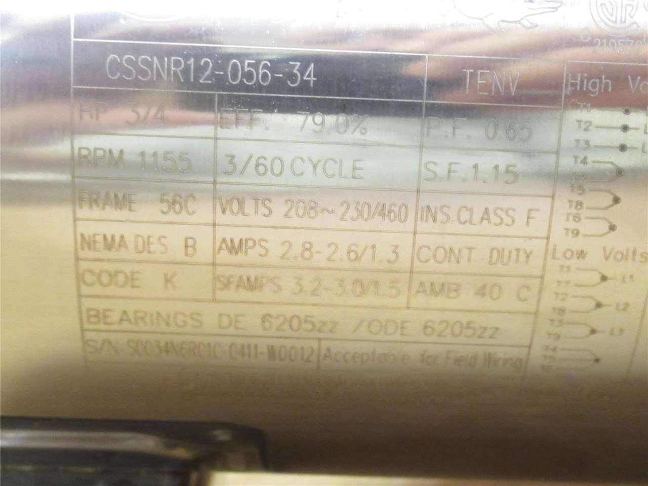 Connex CSSNR12-056-34; AC Motor; SS; 3/4HP; 400-480V; 1200RPM