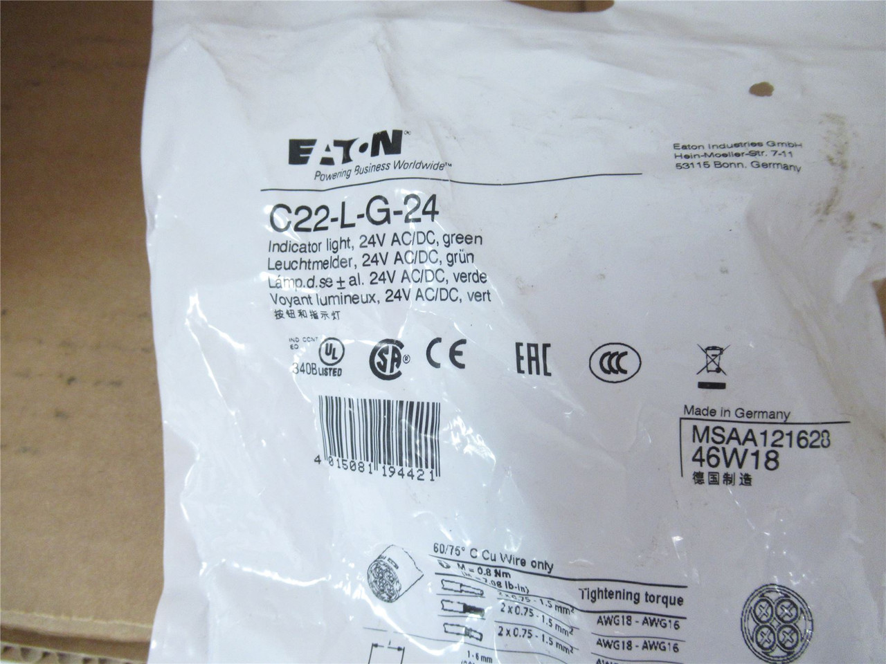 Eaton C22-L-G-24; Switch Pushbutton Green Indicator 24 VAC/dc