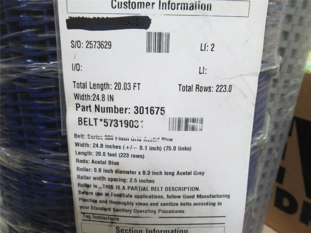 Intralox 30167557319031; Conveyor Belt; 25" Wide x 20' Long