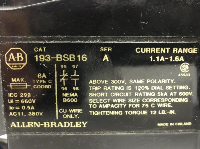 Allen-Bradley 193-BSB-16; Overload Relay; 1.1-1.6A; 3P; 600V Max