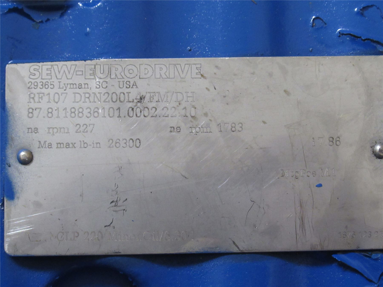 SEW RF107DRN200L4FMDH; AC Gear Motor; 7.86:1 Ratio; 40HP; 230/460V