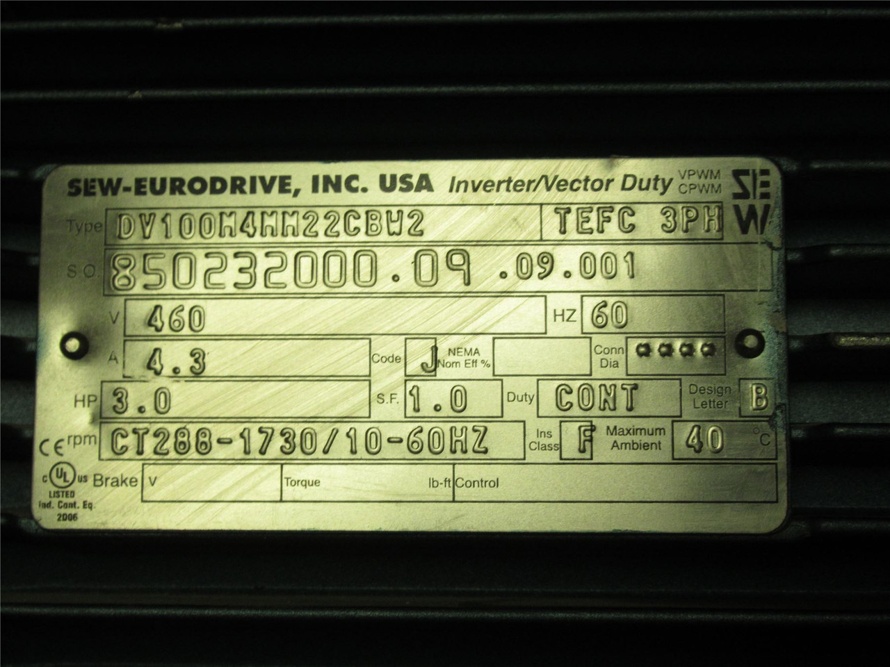 SEW-Eurodrive DV100M4MM22CBW2; Motor W/ Drive Inverter; 3HP